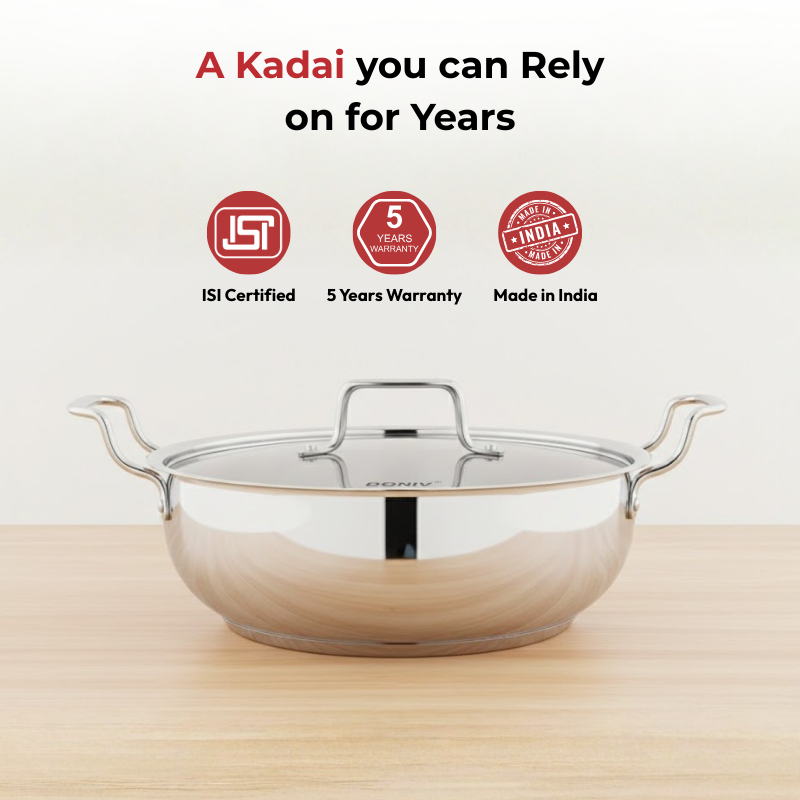Vinod Doniv Stainless Steel Majestic Sandwich Bottom Kadai with Steel Lid, close-up detail