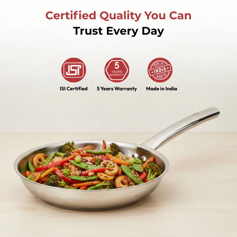 Vinod Claro Heavy Gauge Stainless Steel Hammered Fry Pan with 1.5 mm, close-up detail