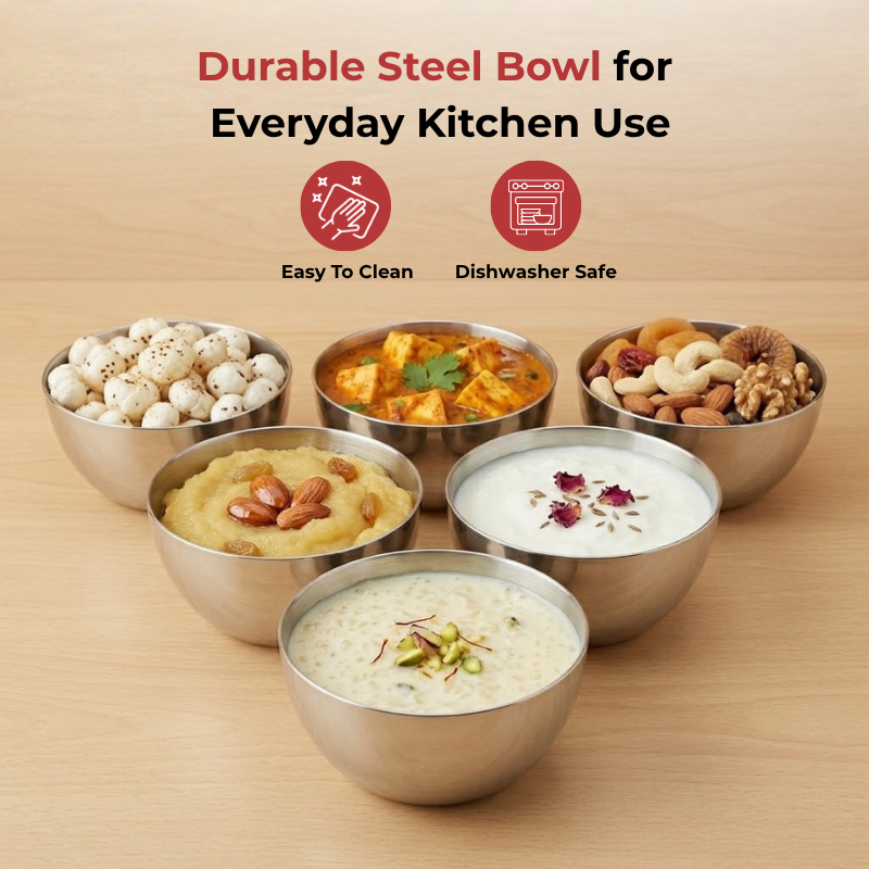 Vinod Stainless Steel Two Tone Bowl Set of 6 Pieces, angled view