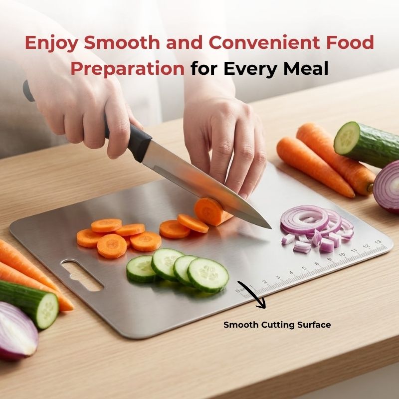 Vinod stainless steel chopping board, 30.5 by 20 cm, knife-friendly surface, angled view
