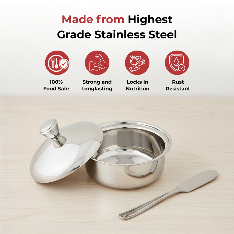 Vinod Stainless Steel Butter Pot with Butter Knife & Lid 100 gram Capacity, top view