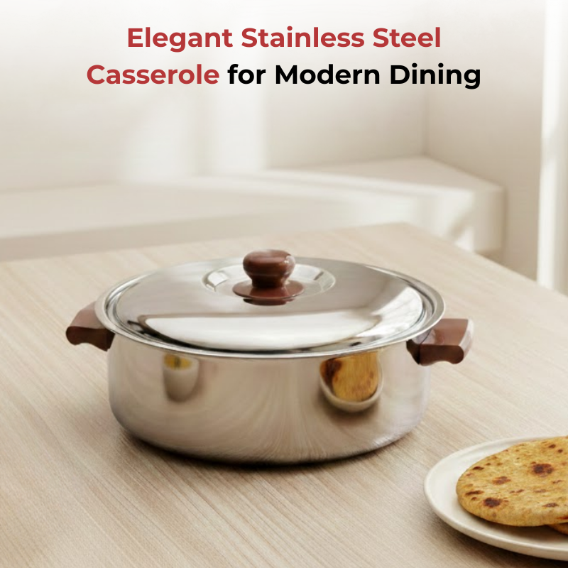 Vinod Stainless Steel Multipurpose Hot Casserole with lid, 2800 ml Capacity, angled view