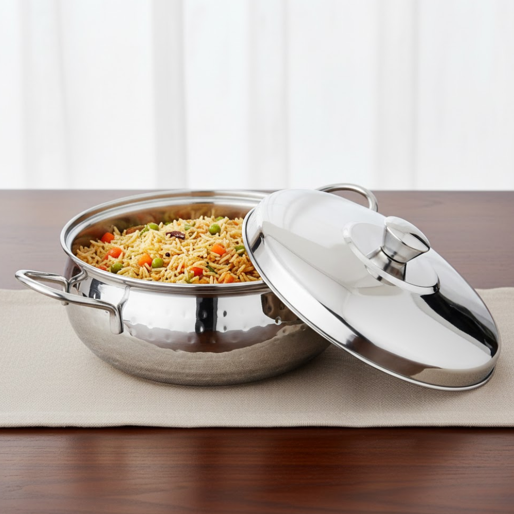 Vinod Stainless Steel Milano Hammered Serving Casserole with Steel Lid & Side Handles, side view