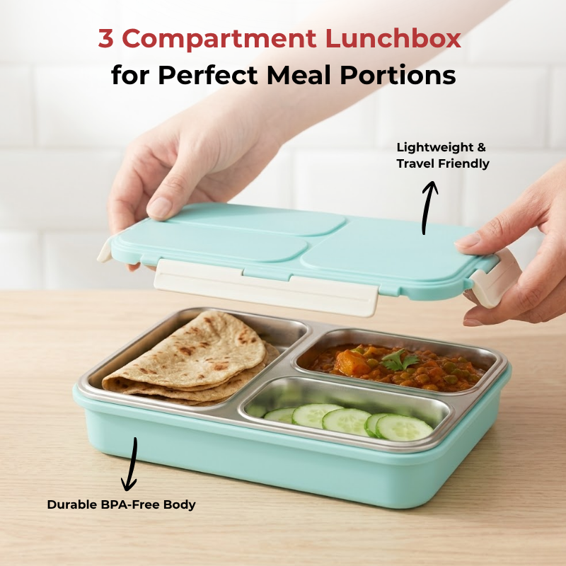 Vinod stainless steel 3 compartment tiffin in blue, silicone-sealed airtight lid, angled view