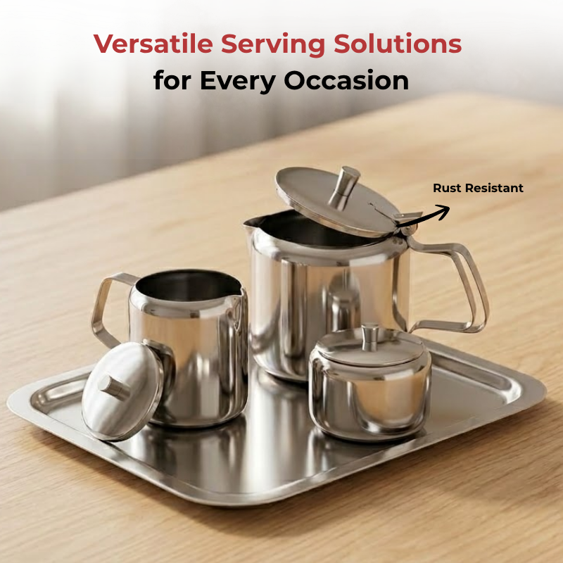 Vinod stainless steel 3 piece large tea set, 1000 ml tea pot with 250 ml milk and sugar pots, angled view