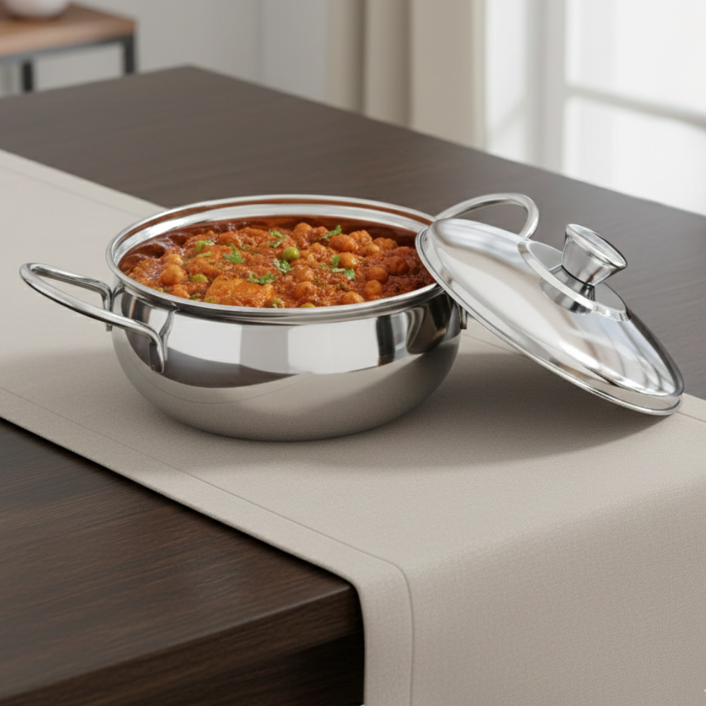Vinod Stainless Steel Milano Plain Serving Casserole with Steel Lid & Side Handles, side view