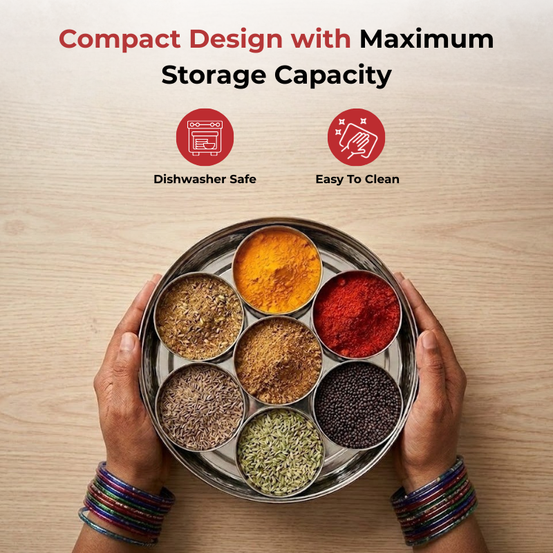 Vinod Hammered Stainless Steel Masala Dabba / Spice Box with 7 Containers, angled view