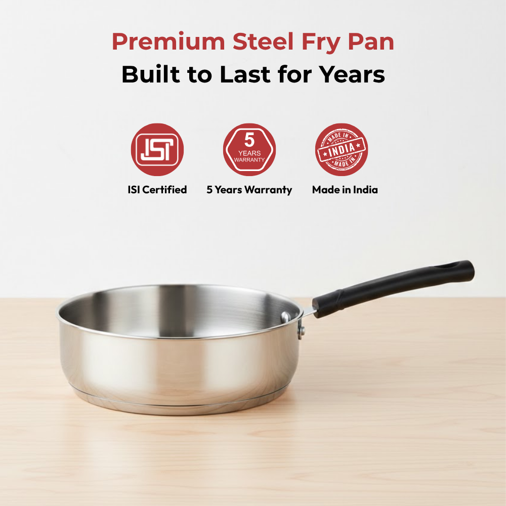 Vinod Doniv stainless steel sandwich bottom solitaire fry pan, 22 cm, capacity 2.2 litre, angled view