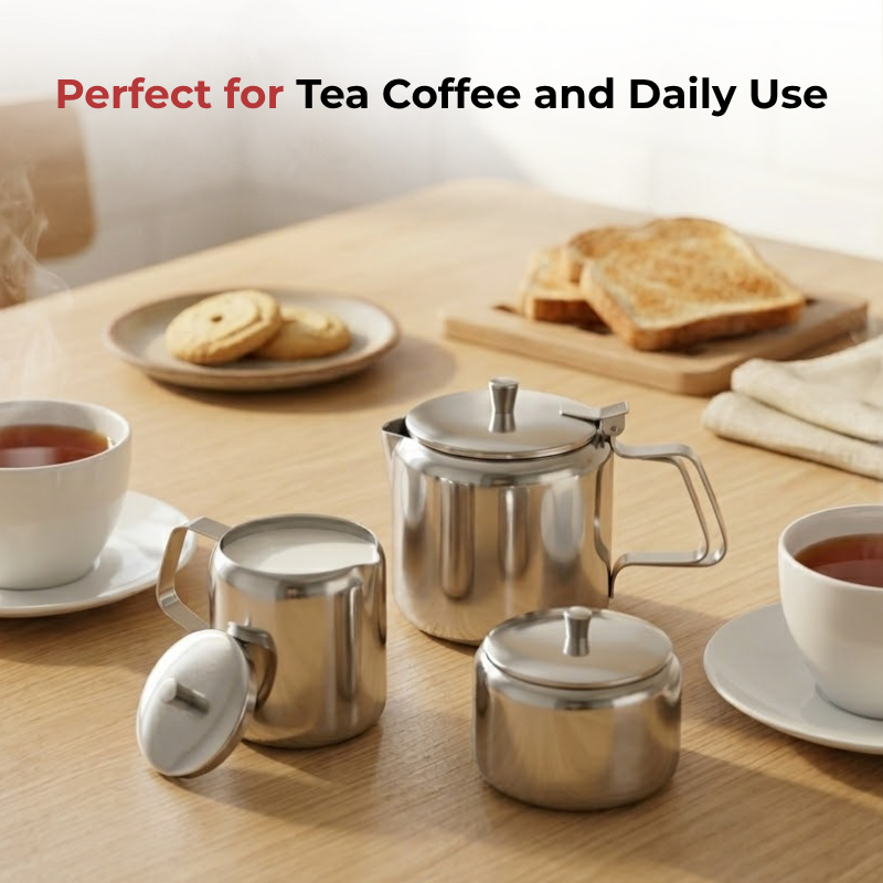 Vinod Stainless Steel 3 Pieces Mini Tea Set Tea Pot, 170 ml, angled view