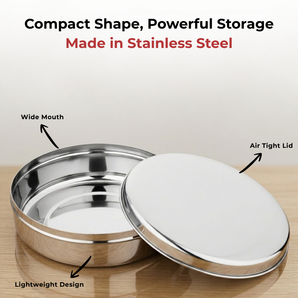 Vinod Stainless Steel Papad Dabba, angled view