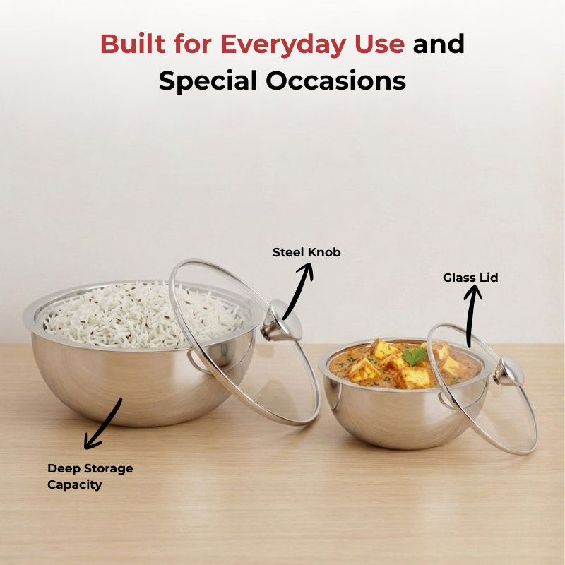 Vinod stainless steel Montero insulated casserole set of 2, 500 ml and 900 ml, close-up detail