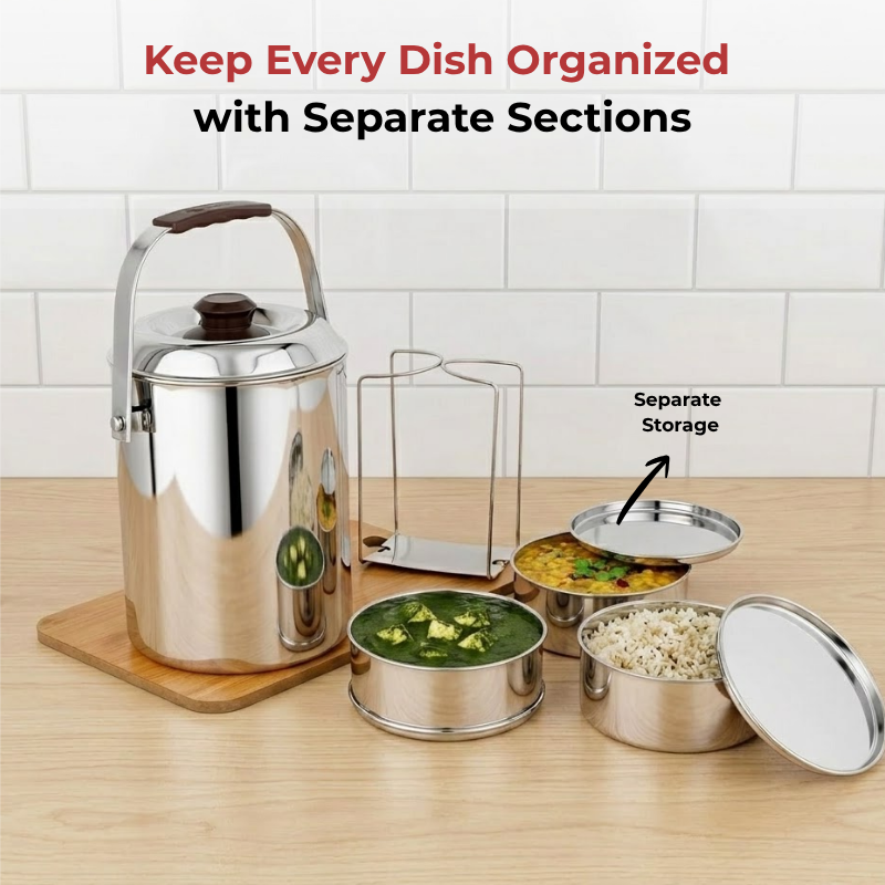 Vinod Stainless Steel Deluxe Hot Tiffin with 3 Compartment, angled view