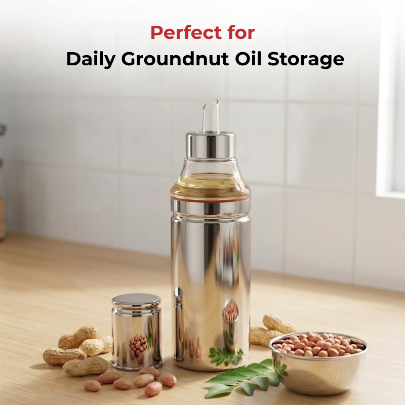 Vinod Stainless Steel Oil Pot with Anti-Drip Spout, close-up detail