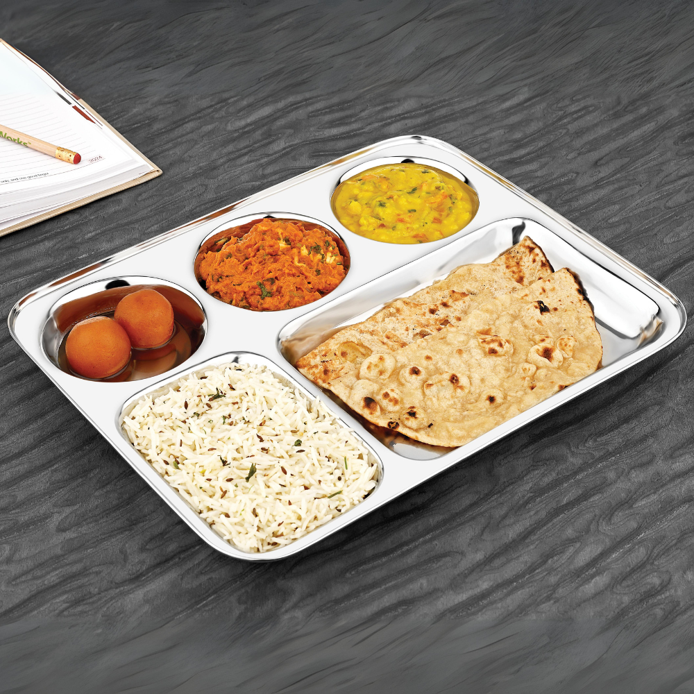 Vinod Stainless Steel Mess Tray With 5 Compartment steel Thali 2 pcs