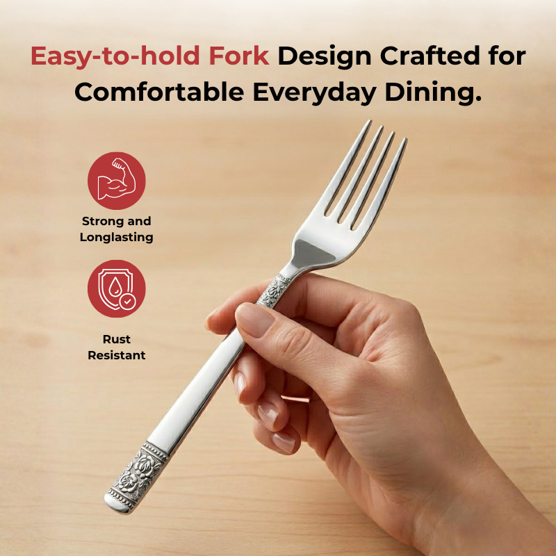Vinod Moscow stainless steel dinner fork set of 12, close-up detail