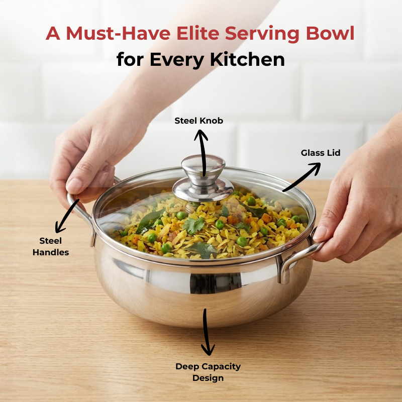 Vinod Stainless Steel Elite Bowl 2 Pcs Set with Glass Lid & Side Handles, close-up detail
