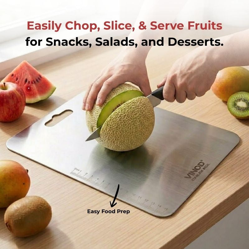 Vinod stainless steel chopping board, 30.5 by 20 cm, knife-friendly surface, close-up detail