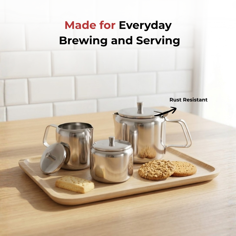 Vinod stainless steel 3 piece medium tea set, 750 ml tea pot with 250 ml milk and sugar pots, close-up detail