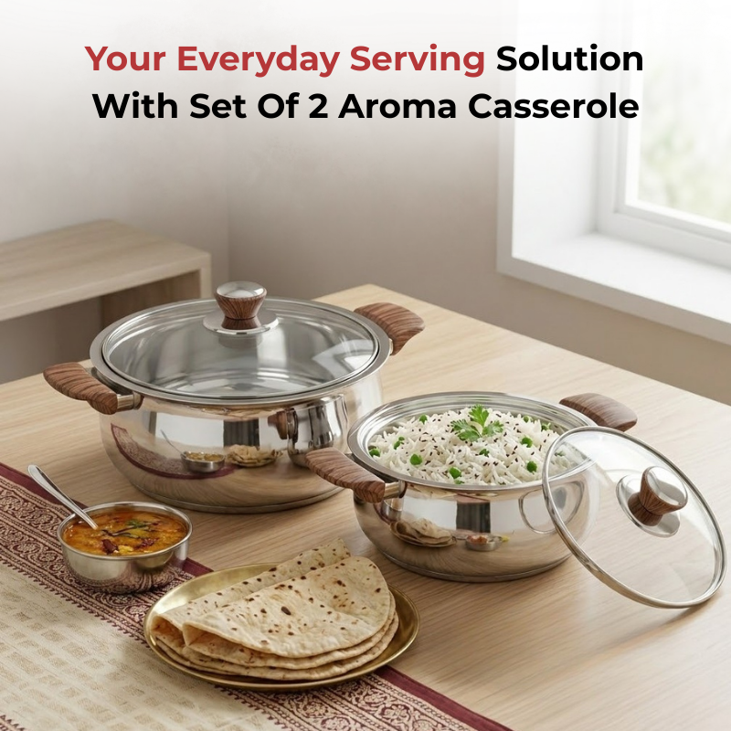 VINOD Stainless Steel Aroma Insulated Casserole with Glass Lid & Wooden Knob – Set of 2 Pcs – Capacity 750 ml & 1250 ml