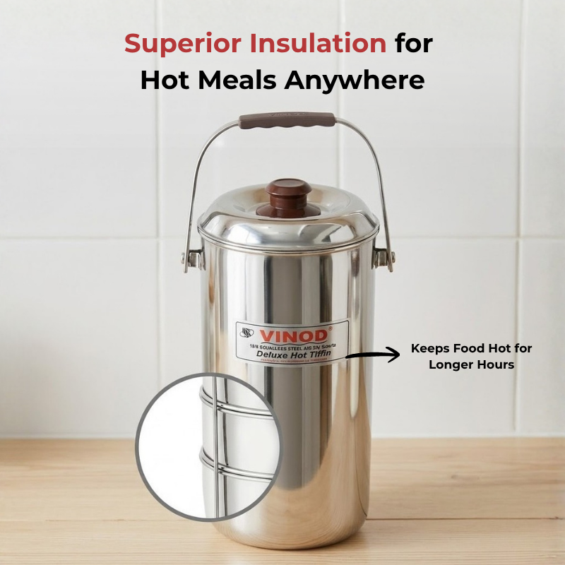 Vinod stainless steel deluxe hot tiffin with 5 compartments, in-use view