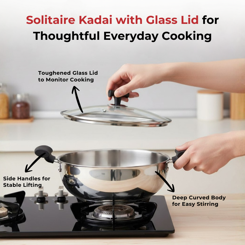 Vinod Doniv Stainless Steel Sandwich Bottom Solitaire Kadai With Glass Lid & Side handle, in-use view