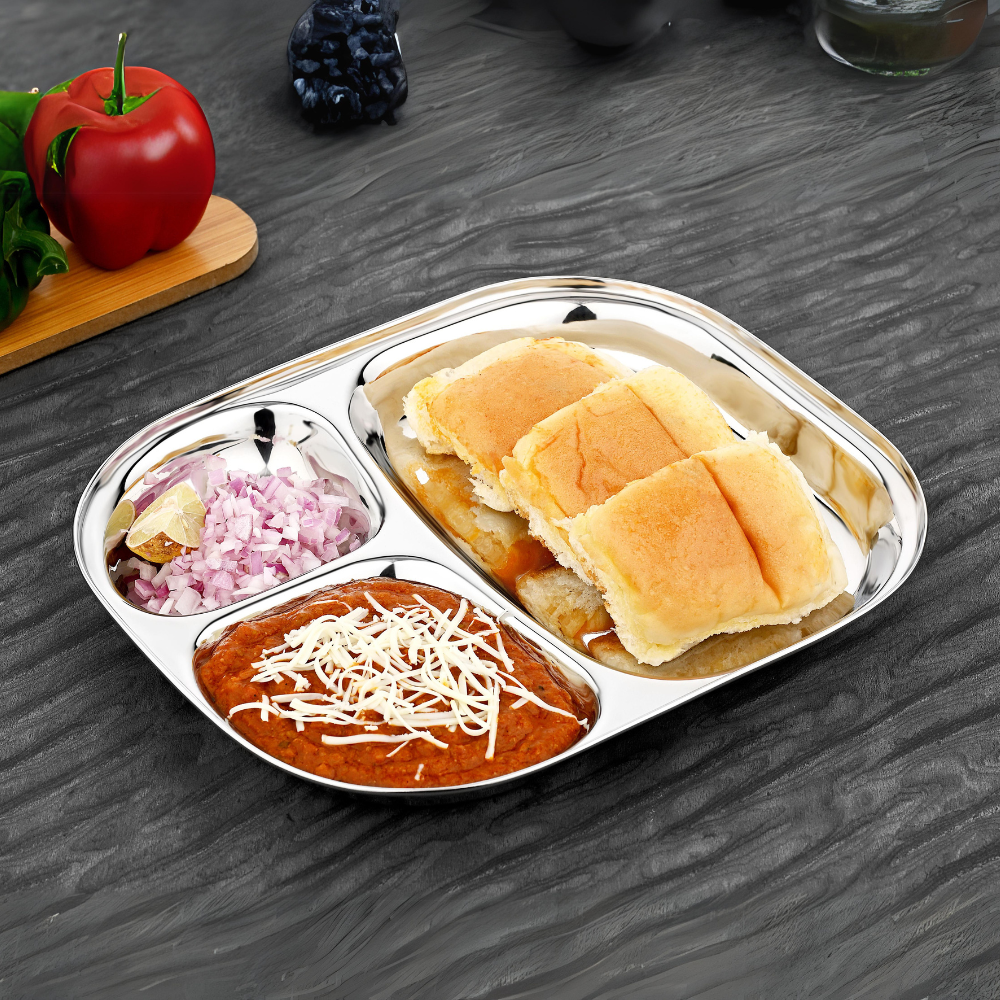 Vinod Stainless Steel 3 Compartment Plate/ Pav Bhaji Plates/ Idli Sambhar Breakfast Plate