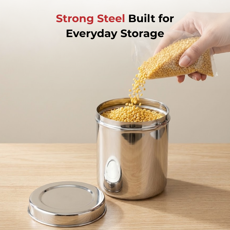 Vinod Stainless Steel Deep Dabba Set of 3 - 350 ml, 500 ml & 750 ml in Steel, close-up detail