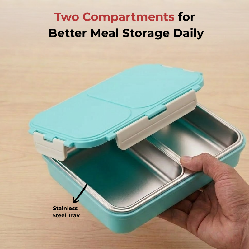 Vinod stainless steel 2 compartment tiffin in blue, airtight and leak-proof, close-up detail
