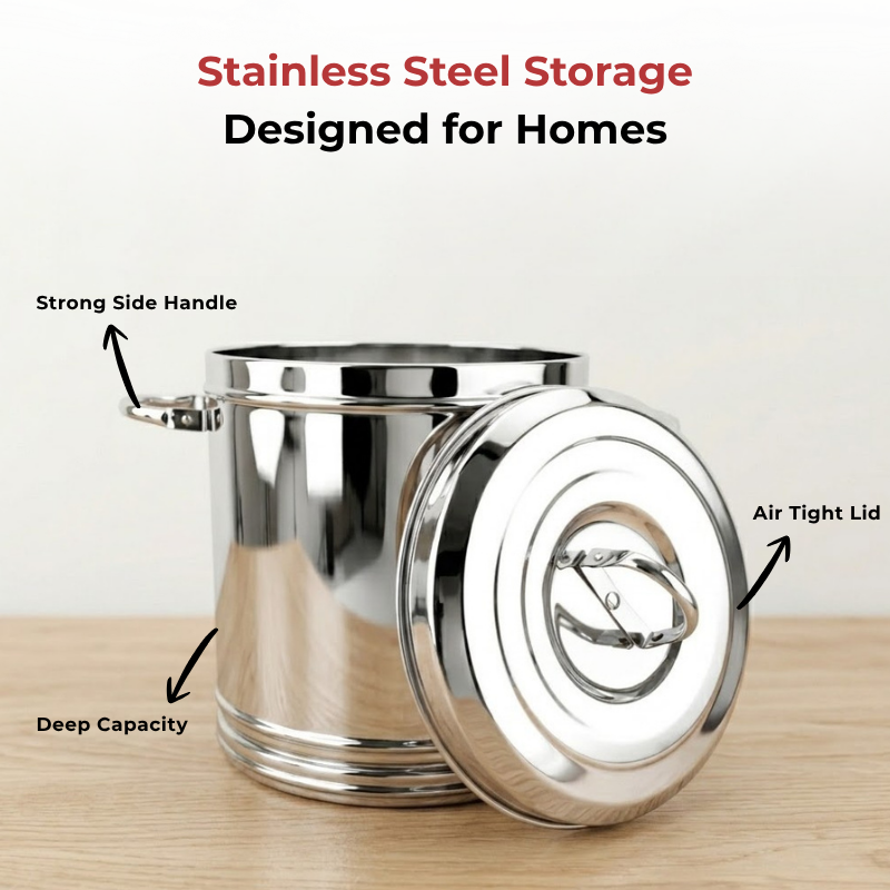 Vinod Stainless Steel Ration Dabba with Lid and Side Handle, close-up detail