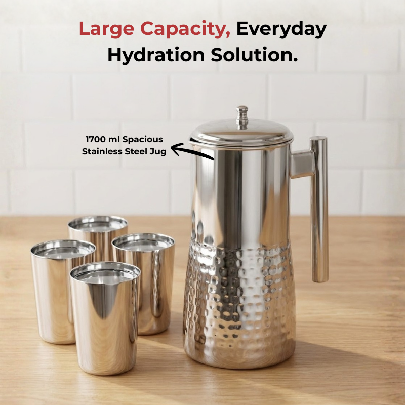 Vinod hammered stainless steel Magnum water pitcher jug with cover, 1700 ml, close-up detail