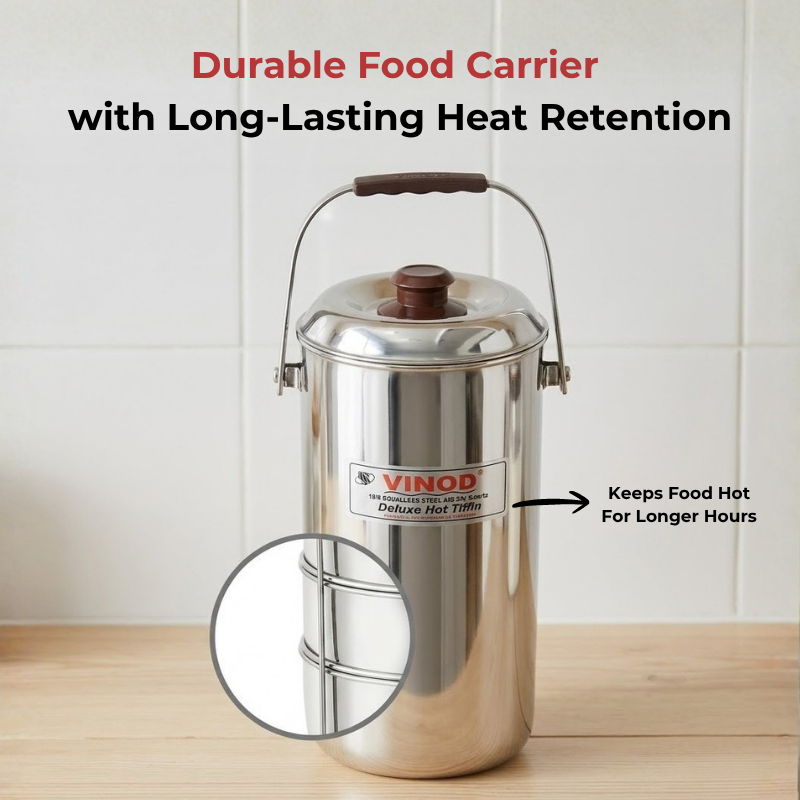 Vinod stainless steel deluxe hot tiffin with 4 compartments, close-up detail