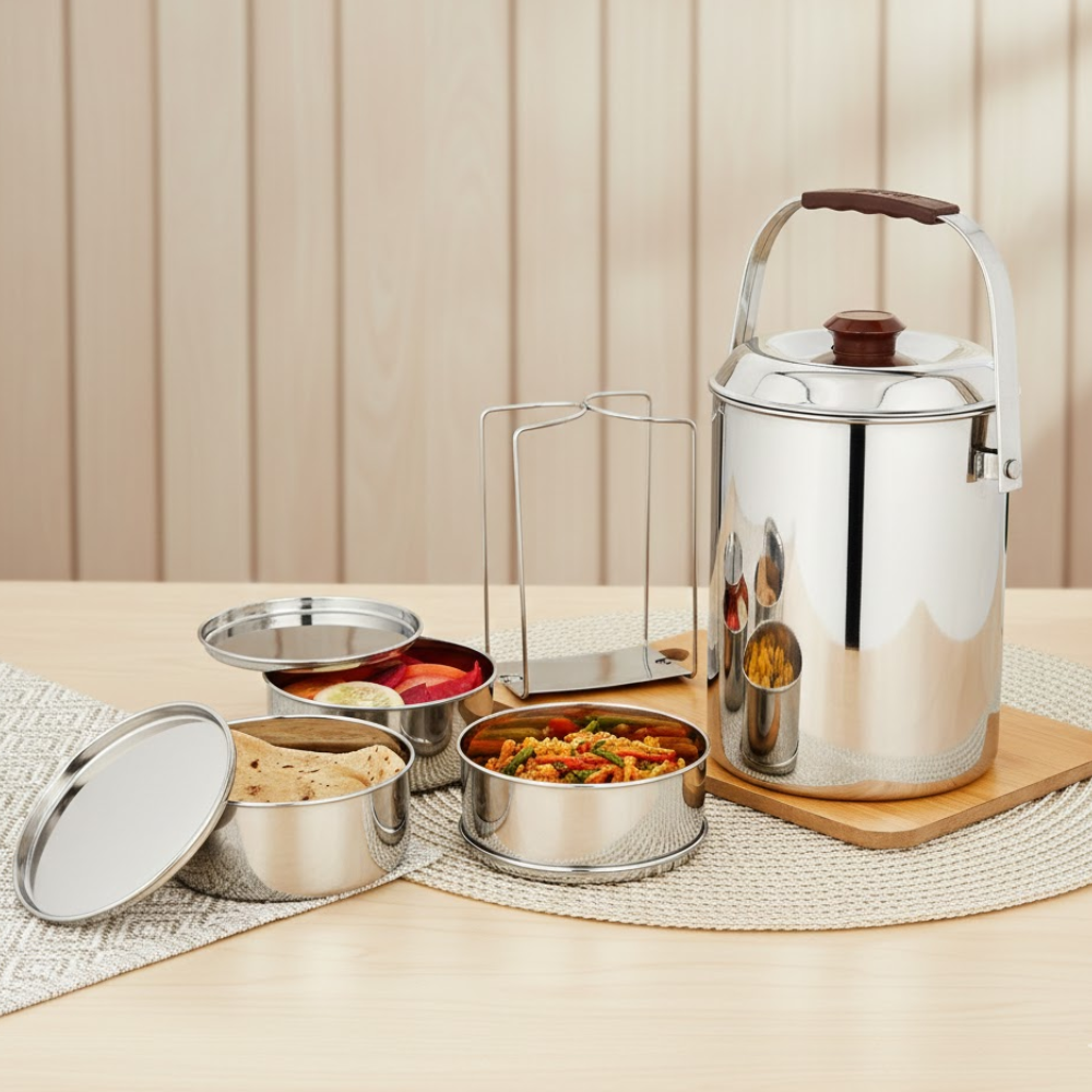 Vinod Stainless Steel Deluxe Hot Tiffin with 3 Compartment, front view