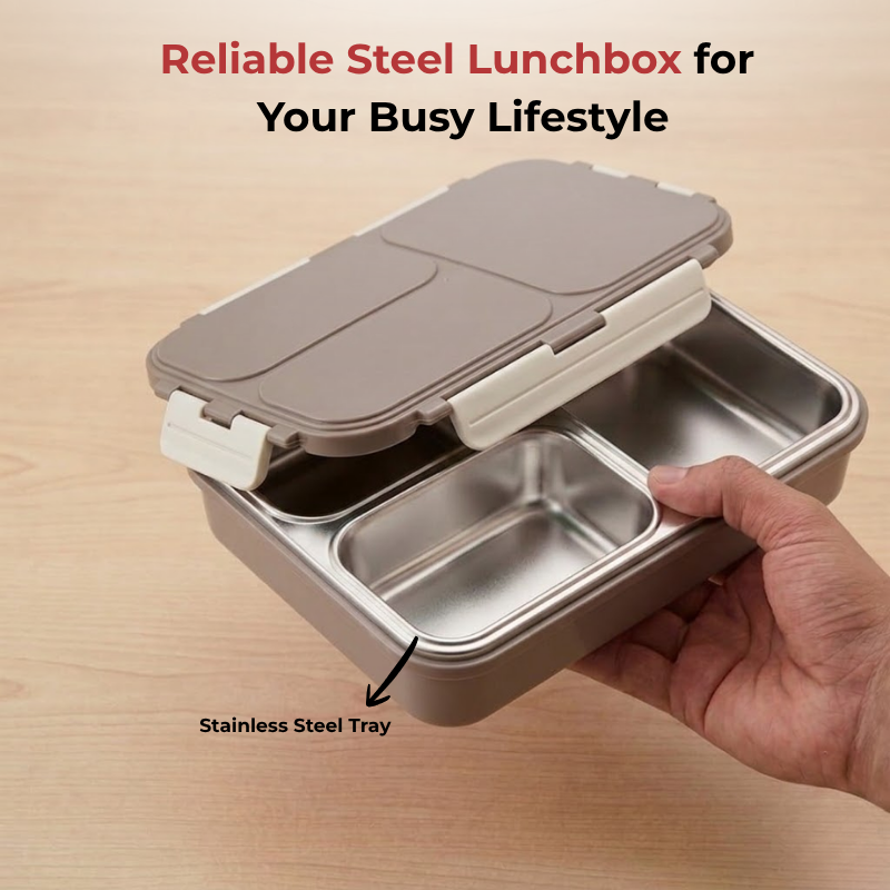 Vinod stainless steel 3 compartment tiffin in grey, silicone-sealed airtight lid, close-up detail