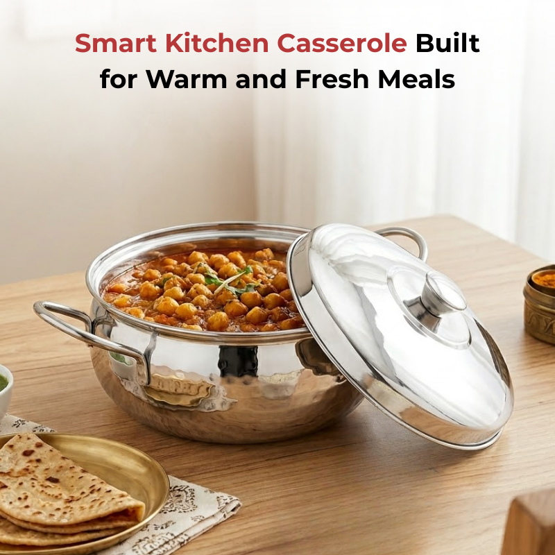 Vinod Stainless Steel Milano Hammered Serving Casserole with Steel Lid & Side Handles, in-use view