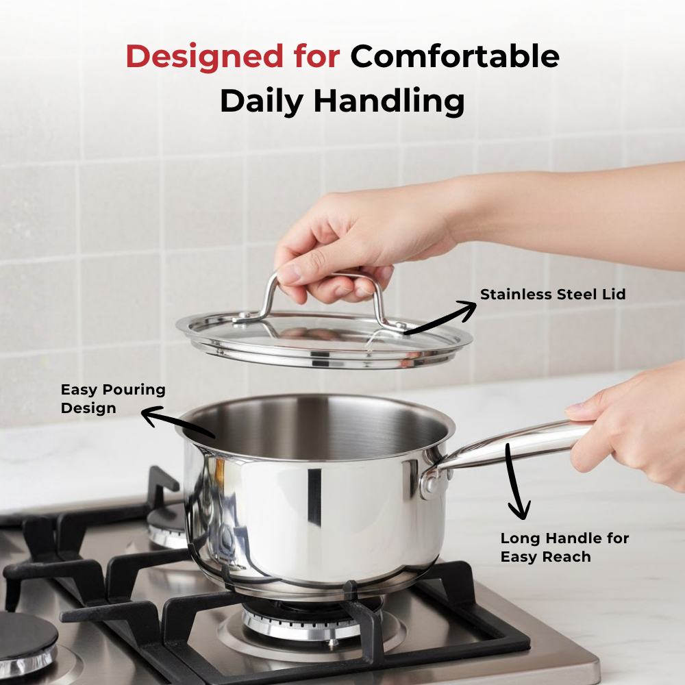 Vinod Doniv Stainless Steel Majestic Sandwich Bottom Sauce Pan, close-up detail