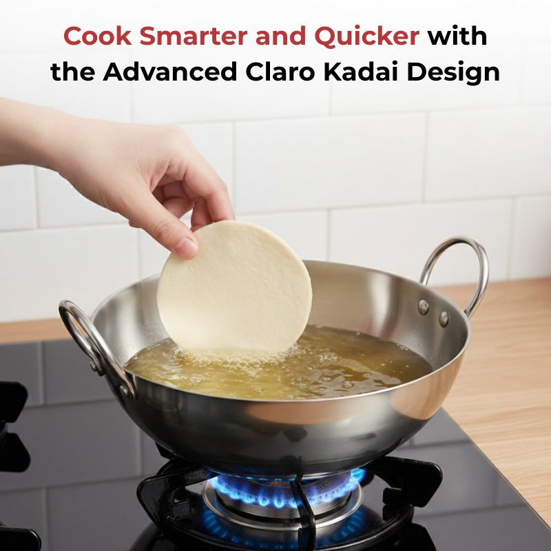 Vinod Claro Heavy Gauge Stainless Steel Plain Kadai, 2.5 mm, in-use view