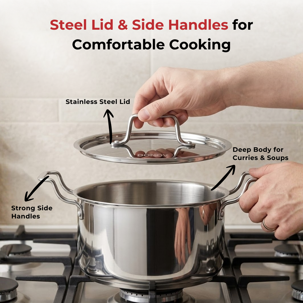 Vinod Doniv Majestic sandwich bottom stainless steel sauce pot with lid, 18 cm, 2.4 litre, in-use view