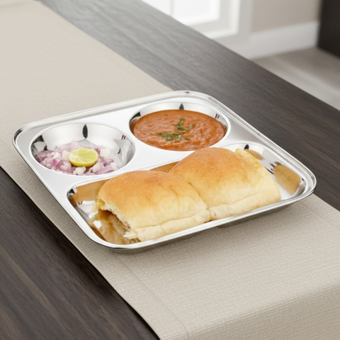 Vinod stainless steel 3 in 1 compartment plate with round edges, pack of 2, front view