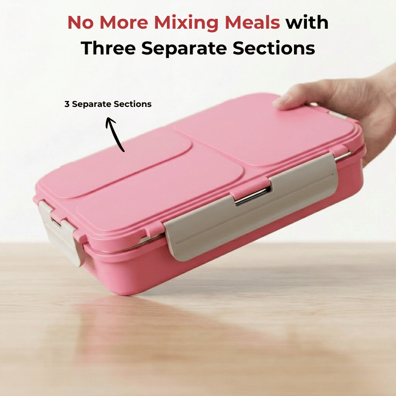 Vinod stainless steel 3 compartment tiffin in pink, silicone-sealed airtight lid, in-use view