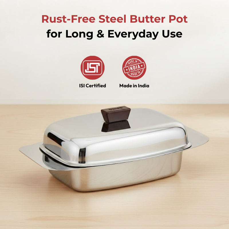 Vinod Stainless Steel Butter Dish With Butter Knife & Lid, angled view
