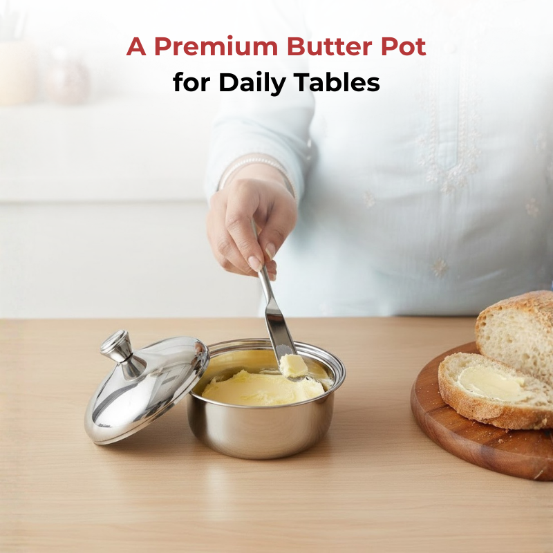 Vinod Stainless Steel Butter Pot with Butter Knife & Lid 100 gram Capacity, close-up detail