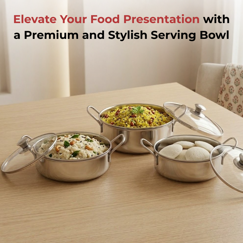Vinod stainless steel Elite bowl 3 pcs set with glass lids & side handles, in-use view