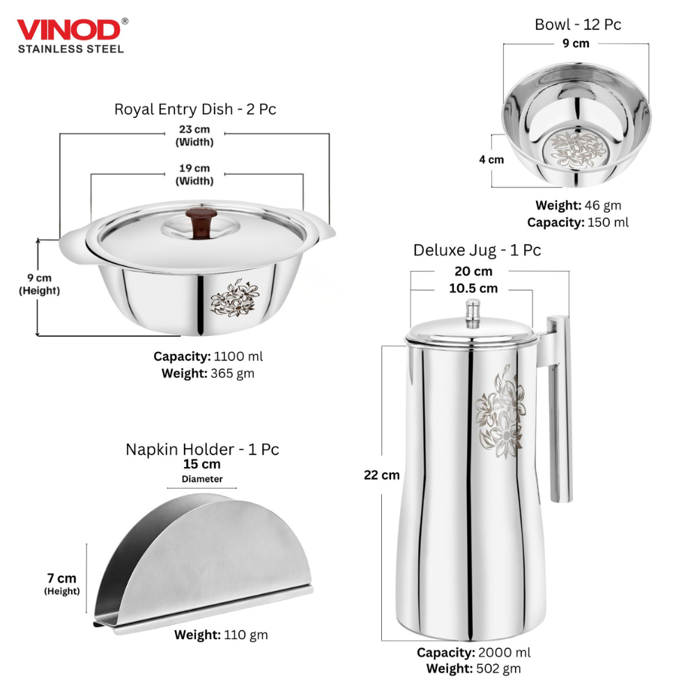 Vinod Laser stainless steel 51 piece dinner set, heavy gauge and dishwasher safe, angled view