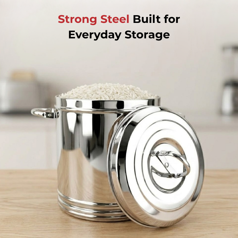 Vinod Stainless Steel Ration Dabba with Lid and Side Handle, in-use view