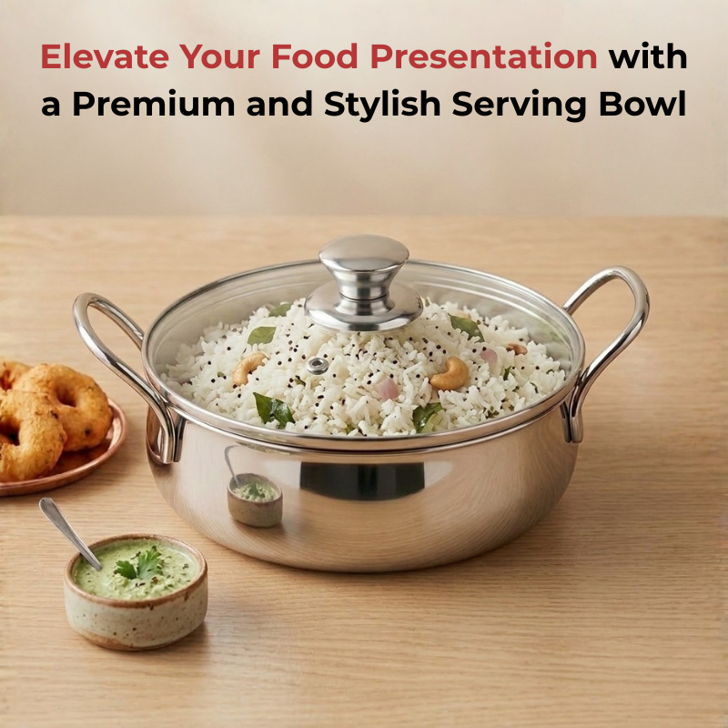Vinod Stainless Steel Elite Bowl with Glass Lid & Side Handles, in-use view