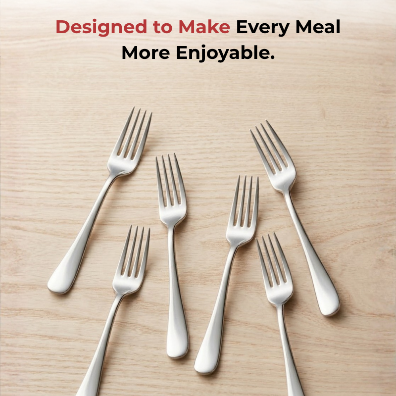 Vinod Decora stainless steel dinner fork set of 12, in-use view