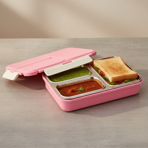 Vinod stainless steel 3 compartment tiffin in pink, silicone-sealed airtight lid, front view