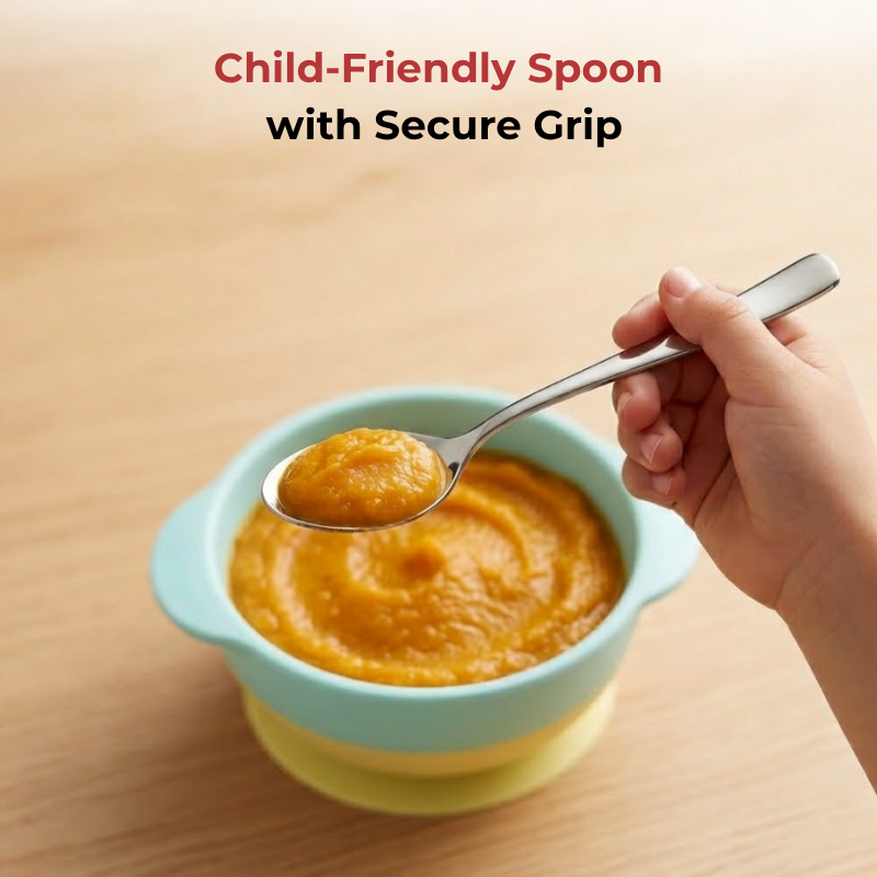Vinod Aero stainless steel baby spoon set of 12, in-use view