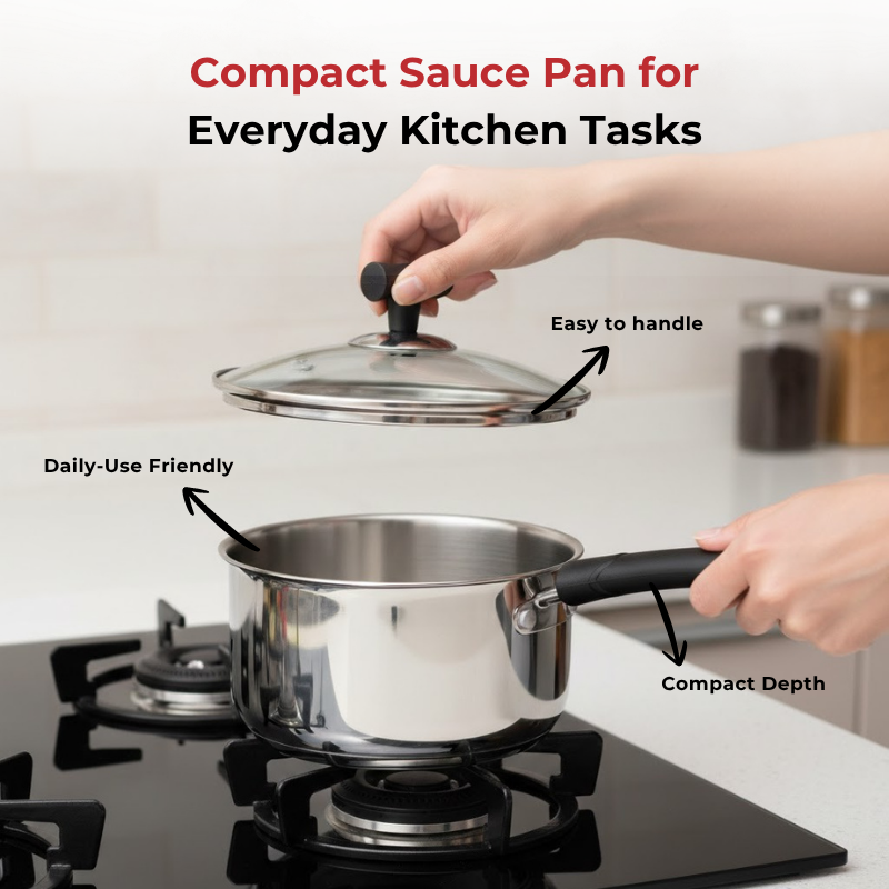 Vinod Doniv stainless steel solitaire cookware set / 1 pcs sauce pan / 1 pcs kadhai, set of 2 pcs, in-use view