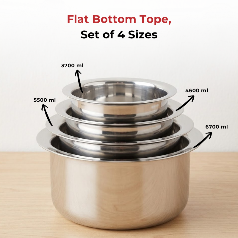 Vinod stainless steel induction friendly flat bottom tope 4 piece set, 3.7 to 6.7 litre, in-use view